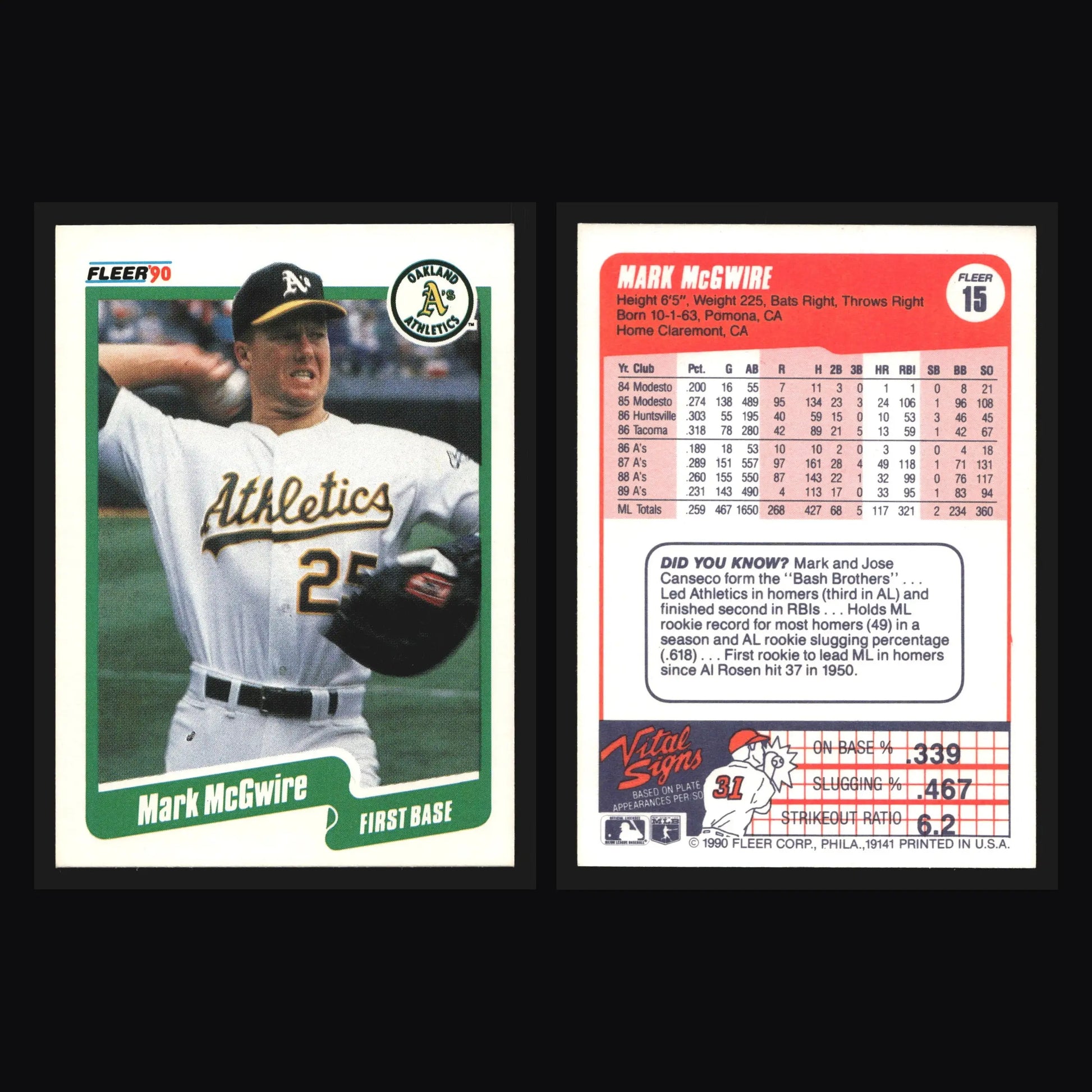 1990 Fleer #15 Mark McGwire Oakland Athletics - Baseball Card Single