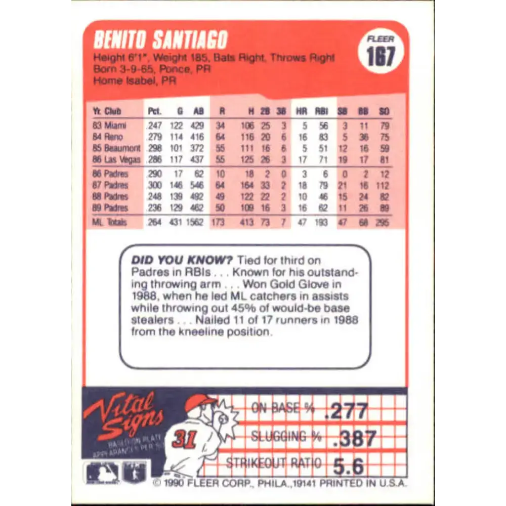 1990 Fleer #167 Benito Santiago NM-MT San Diego Padres Baseball Card - Baseball Card Single