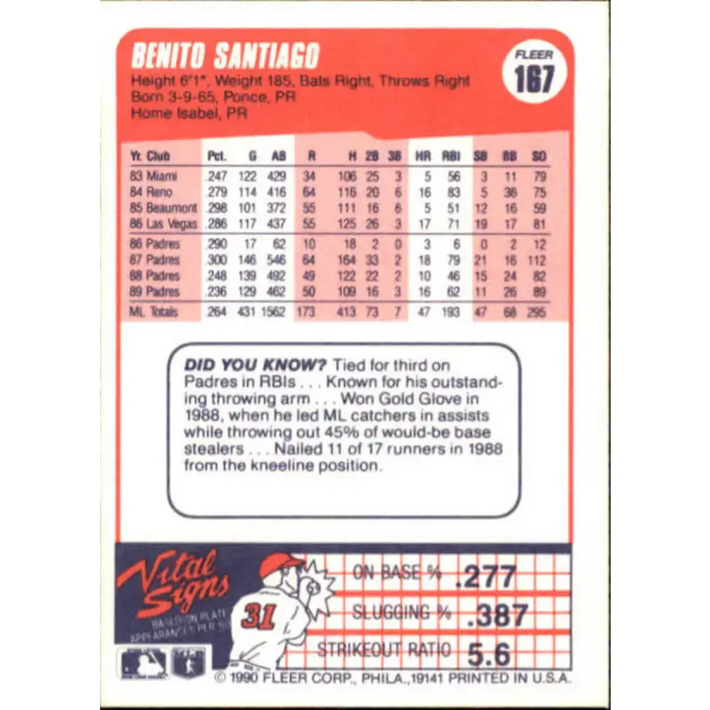 1990 Fleer #167 Benito Santiago NM-MT San Diego Padres Baseball Card - Baseball Card Single