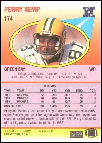 Vintage 1990 Fleer Perry Kemp Packers football card with original gloss and stats