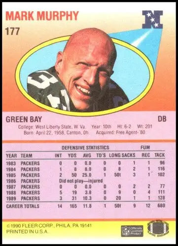 Original gloss 1990 Fleer Mark Murphy football card featuring Green Bay Packers