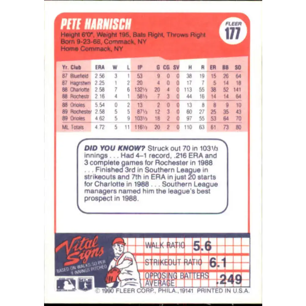 1990 Fleer #177 Pete Harnisch NM-MT Baltimore Orioles Baseball Card - Baseball Card Single