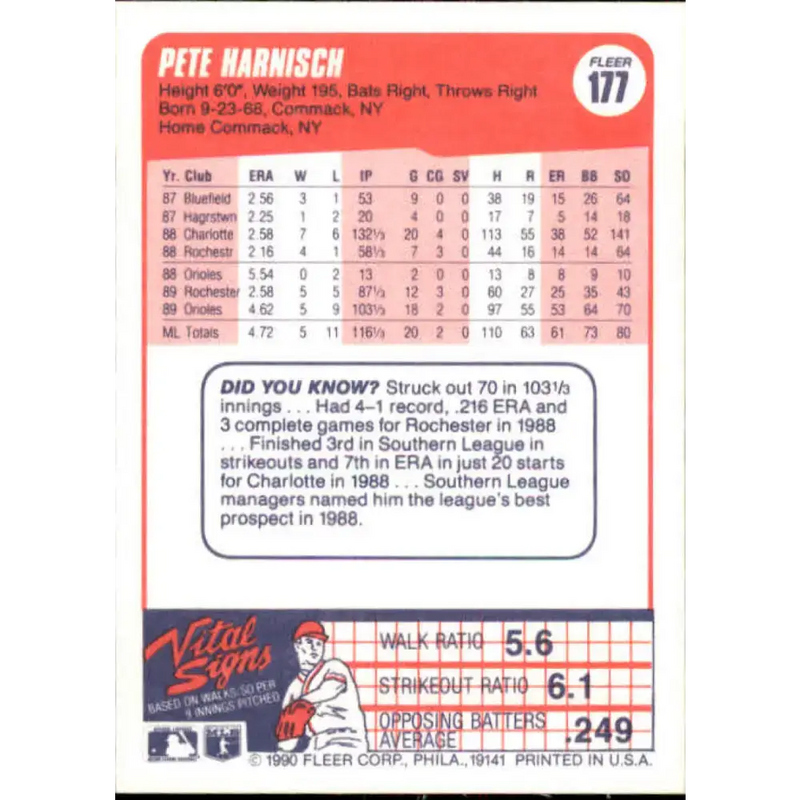 1990 Fleer #177 Pete Harnisch NM-MT Baltimore Orioles Baseball Card - Baseball Card Single