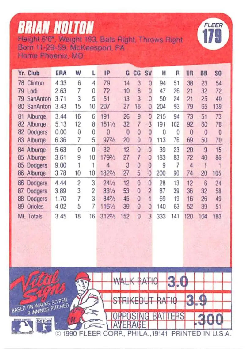 1990 Fleer #179 Brian Holton NM-MT Baltimore Orioles Baseball Card - Baseball Card Single