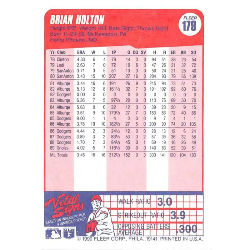 1990 Fleer #179 Brian Holton NM-MT Baltimore Orioles Baseball Card - Baseball Card Single