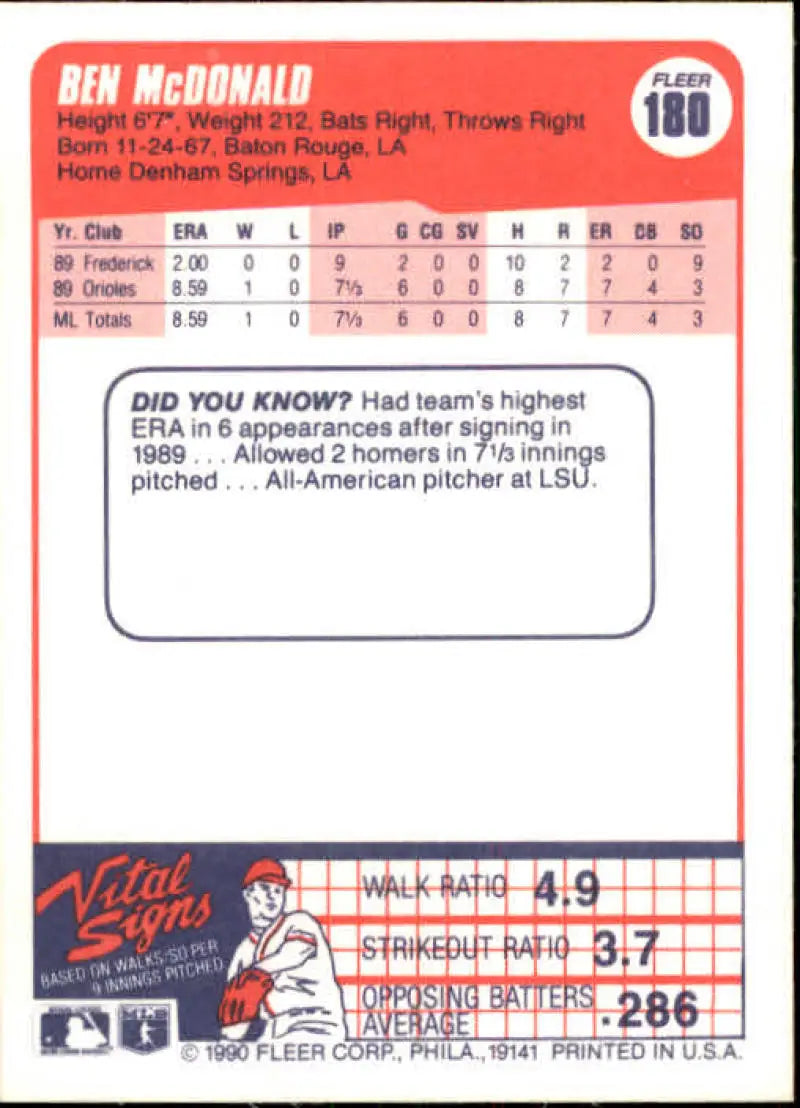 1990 Fleer #180 Ben McDonald NM-MT RC Rookie Baltimore Orioles Baseball Card - Baseball Card Single