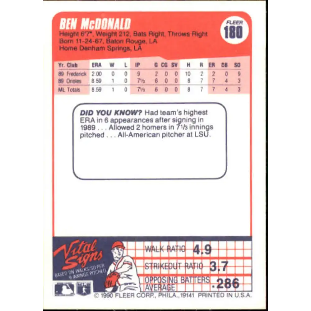 1990 Fleer #180 Ben McDonald NM-MT RC Rookie Baltimore Orioles Baseball Card - Baseball Card Single