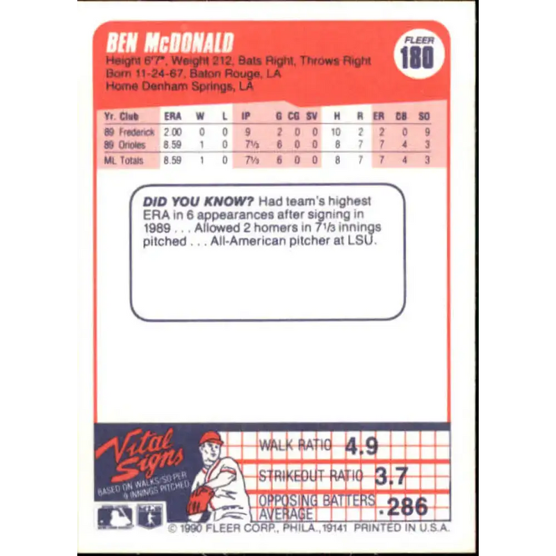 1990 Fleer #180 Ben McDonald NM-MT RC Rookie Baltimore Orioles Baseball Card - Baseball Card Single