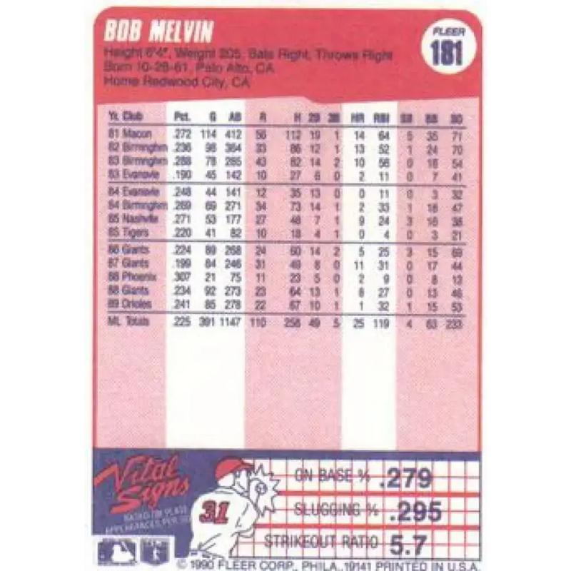 1990 Fleer #181 Bob Melvin NM-MT Baltimore Orioles Baseball Card - Baseball Card Single