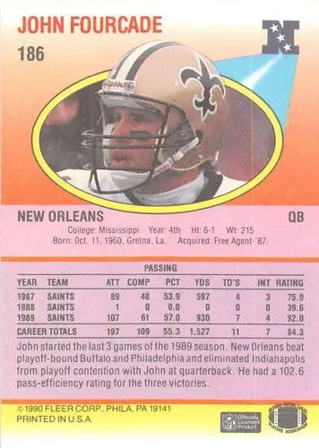 Original gloss vintage football trading card of John Fourcade in Saints helmet from Simply Sandoval