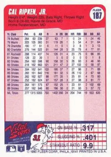 1990 Fleer #187 Cal Ripken Jr. NM-MT Orioles - Baseball Card Single