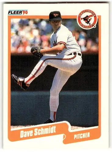 Original gloss 1990 Fleer Dave Schmidt baseball card featuring Orioles player simply Sandoval