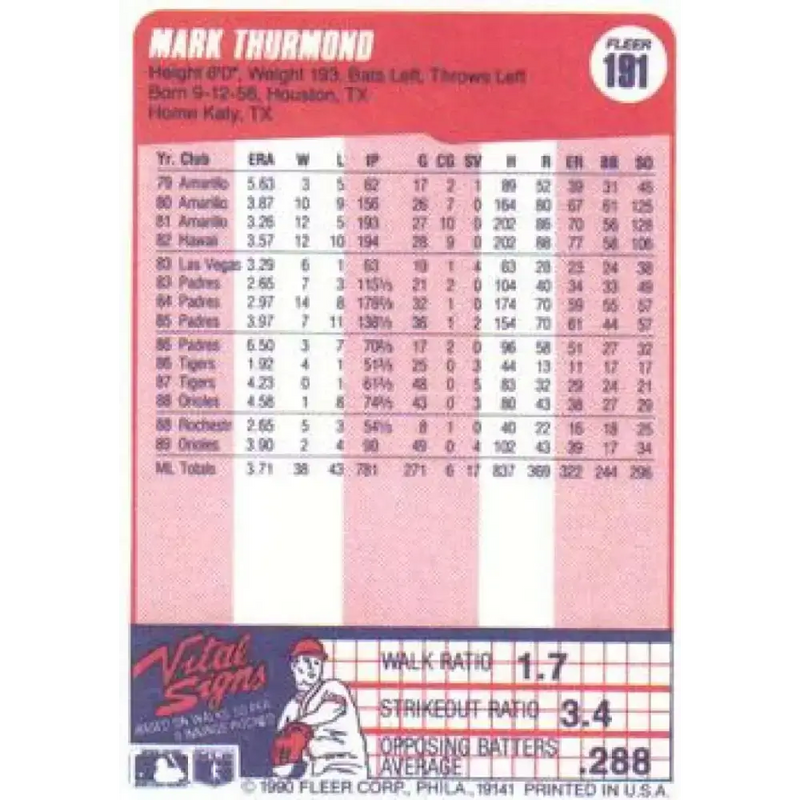 1990 Fleer #191 Mark Thurmond NM-MT Baltimore Orioles Baseball Card - Baseball Card Single