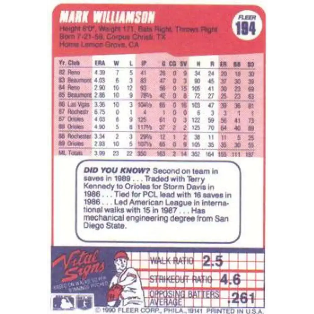 1990 Fleer #194 Mark Williamson NM-MT Baltimore Orioles Baseball Card - Baseball Card Single