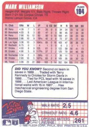 1990 Fleer #194 Mark Williamson NM-MT Orioles - Baseball Card Single