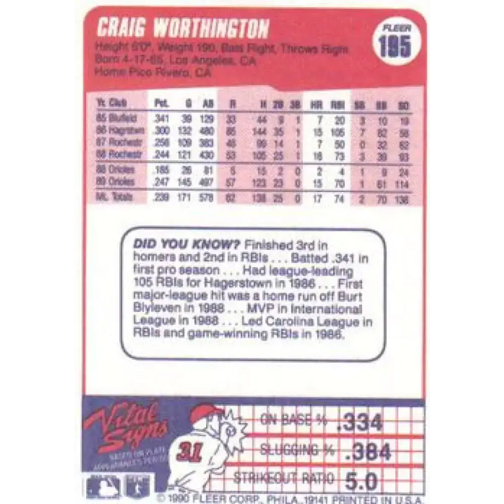 1990 Fleer #195 Craig Worthington NM-MT Baltimore Orioles Baseball Card - Baseball Card Single