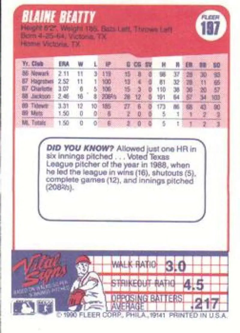 1990 Fleer #197 Blaine Beatty NM-MT RC Rookie New York Mets Baseball Card - Baseball Card Single
