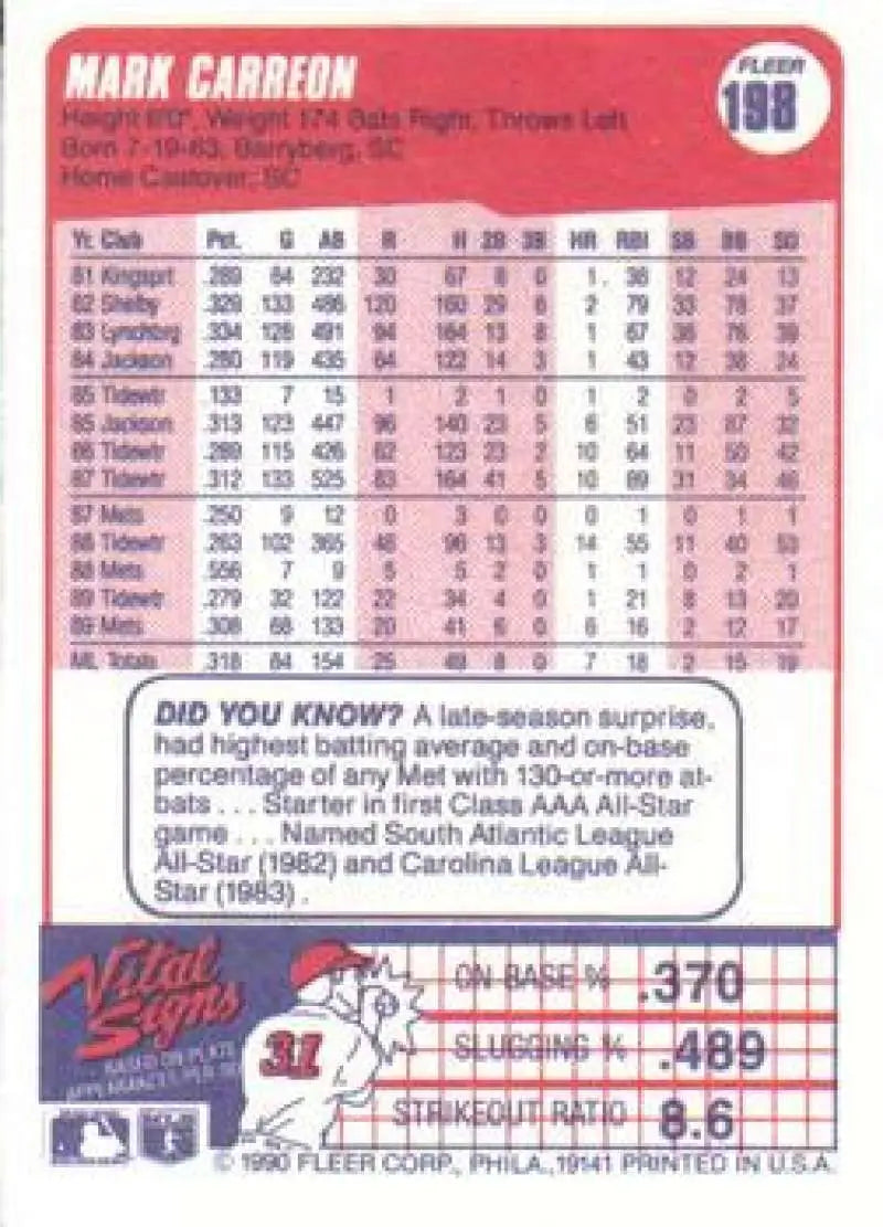 1990 Fleer #198 Mark Carreon NM-MT New York Mets Baseball Card - Baseball Card Single