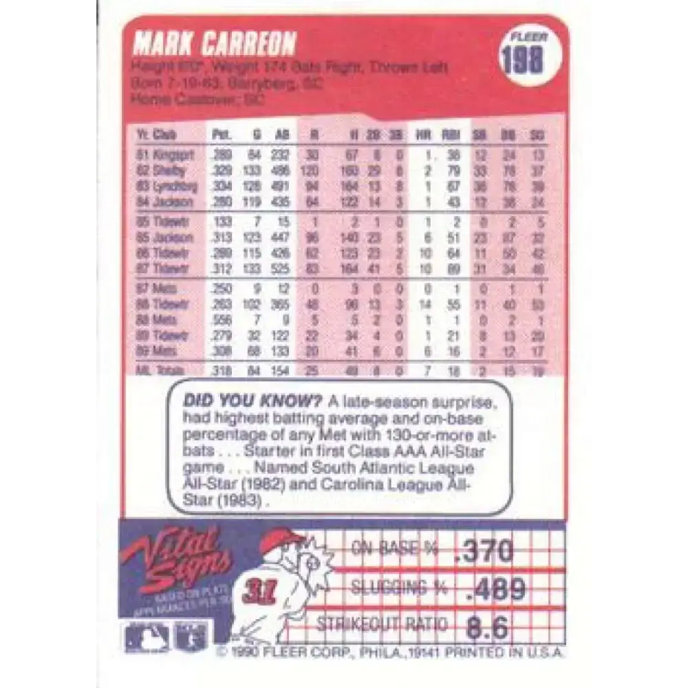 1990 Fleer #198 Mark Carreon NM-MT New York Mets Baseball Card - Baseball Card Single