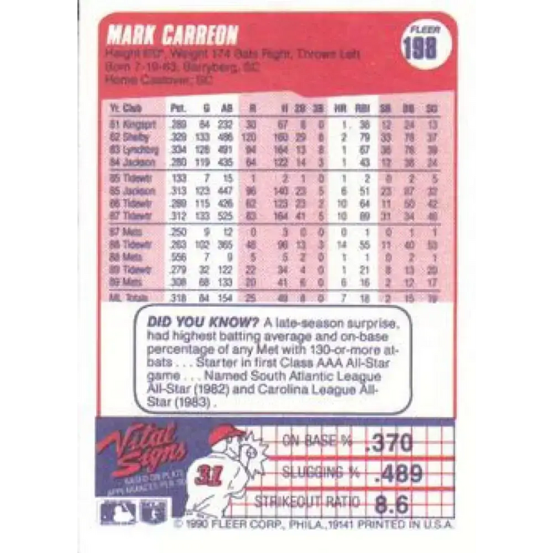 1990 Fleer #198 Mark Carreon NM-MT New York Mets Baseball Card - Baseball Card Single