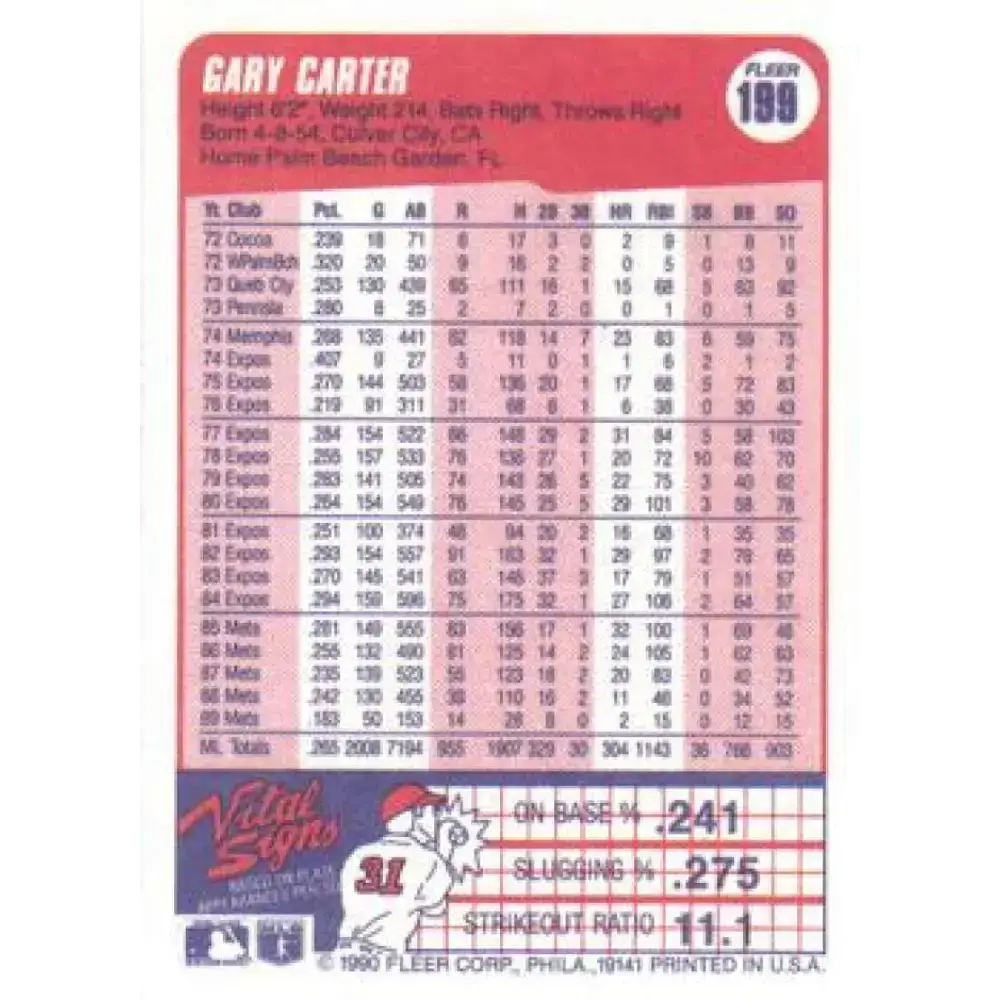 1990 Fleer #199 Gary Carter NM-MT New York Mets Baseball Card - Baseball Card Single