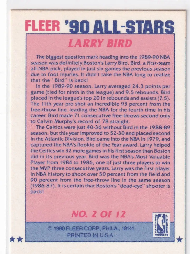 1990 FLEER #2 LARRY BIRD ALL STARS- BOSTON CELTICS - Basketball Card Single