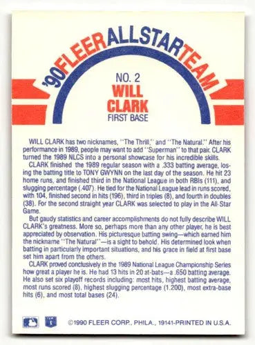 Original gloss on 1990 Fleer Will Clark San Francisco Giants baseball card back