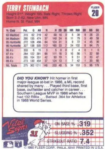 1990 Fleer #20 Terry Steinbach NM-MT Athletics - Baseball Card Single