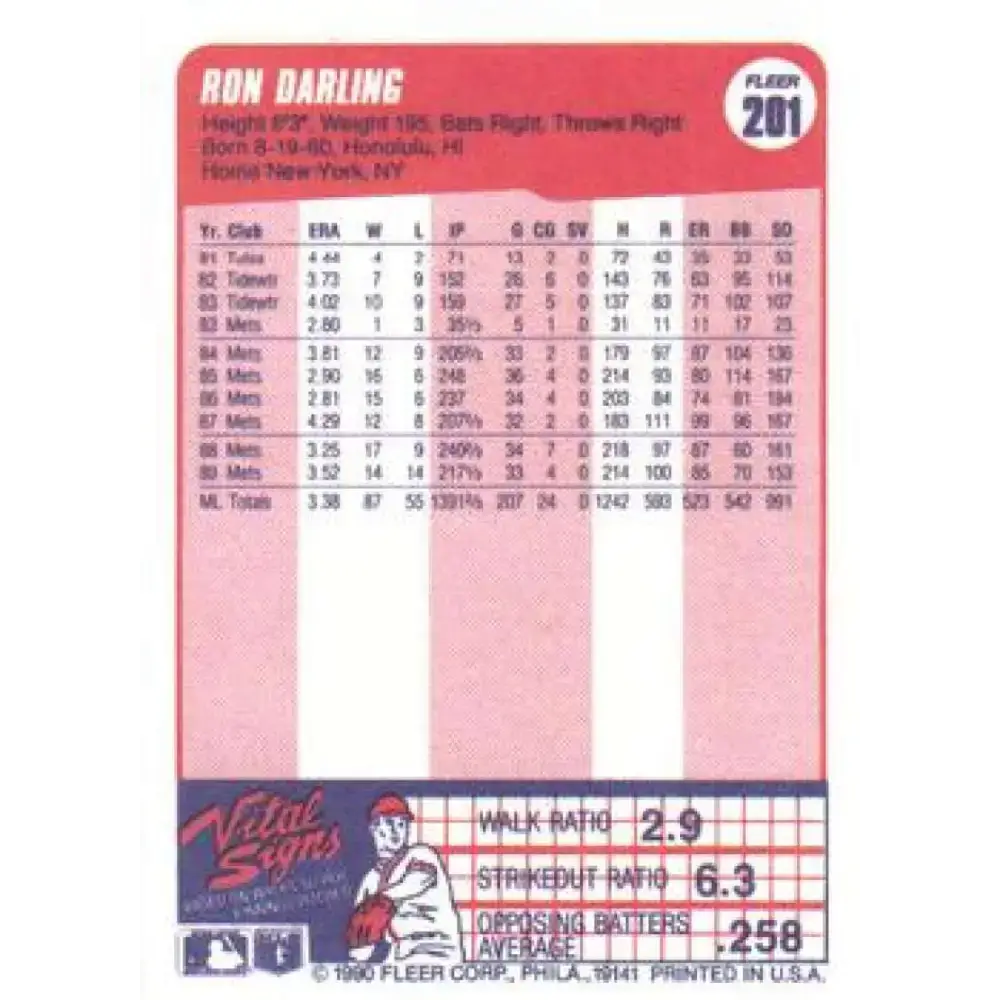 1990 Fleer #201 Ron Darling NM-MT New York Mets Baseball Card - Baseball Card Single
