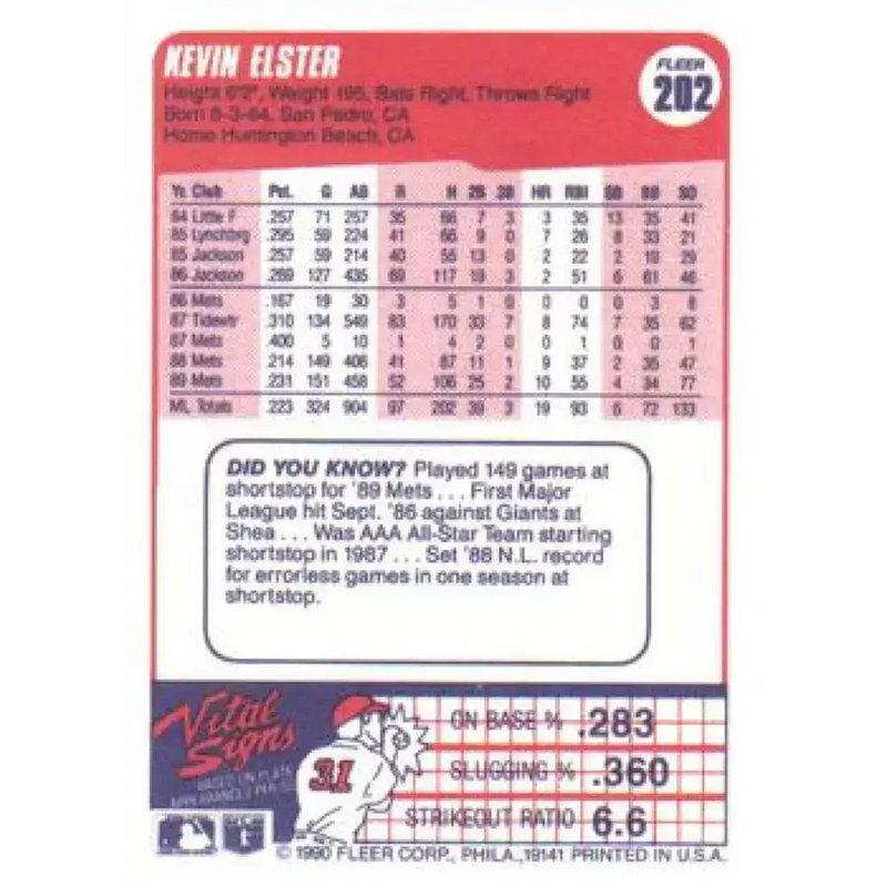 1990 Fleer #202 Kevin Elster NM-MT New York Mets Baseball Card - Baseball Card Single