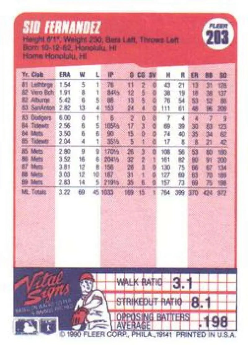 1990 Fleer #203 Sid Fernandez NM-MT New York Mets Baseball Card - Baseball Card Single