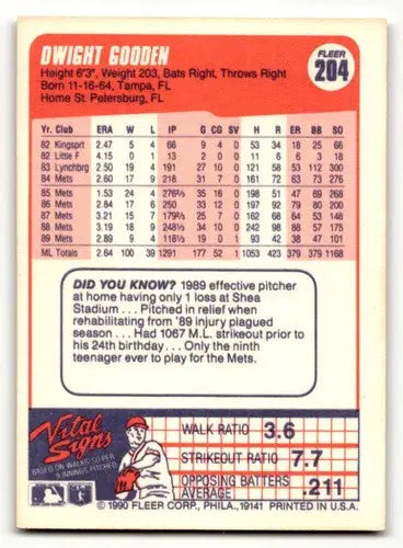 1990 Fleer #204 Dwight Gooden New York Mets Baseball Cards EX/NM ID:59544 - Baseball Card Single