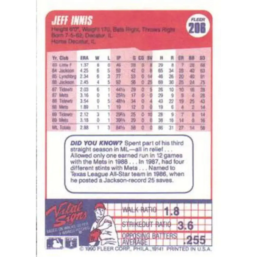 1990 Fleer #206 Jeff Innis NM-MT RC Rookie New York Mets Baseball Card - Baseball Card Single