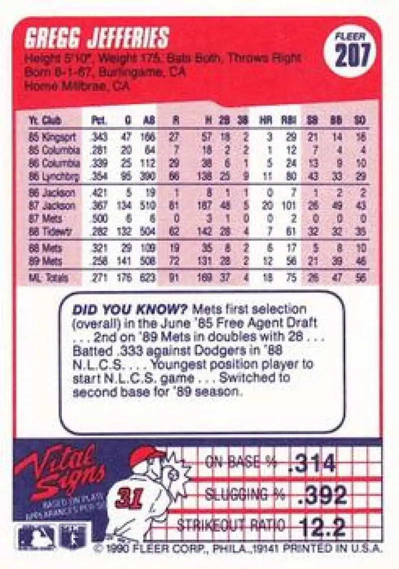 1990 Fleer #207 Gregg Jefferies NM-MT New York Mets Baseball Card - Baseball Card Single