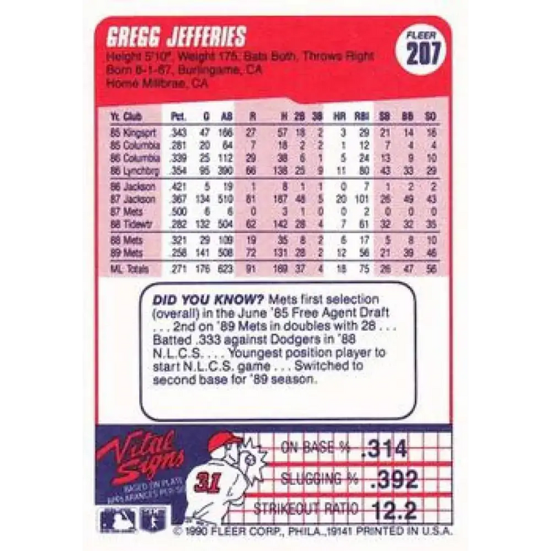 1990 Fleer #207 Gregg Jefferies NM-MT New York Mets Baseball Card - Baseball Card Single