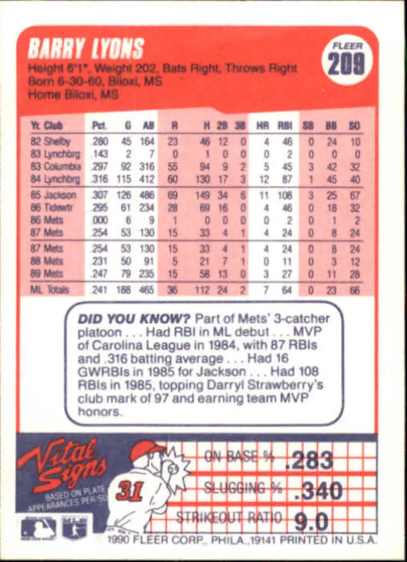 1990 Fleer #209 Barry Lyons NM-MT New York Mets Baseball Card - Baseball Card Single