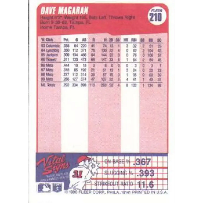 1990 Fleer #210 Dave Magadan NM-MT New York Mets Baseball Card - Baseball Card Single