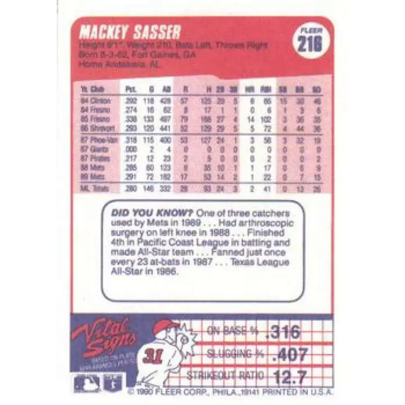 1990 Fleer #216 Mackey Sasser NM-MT New York Mets Baseball Card - Baseball Card Single