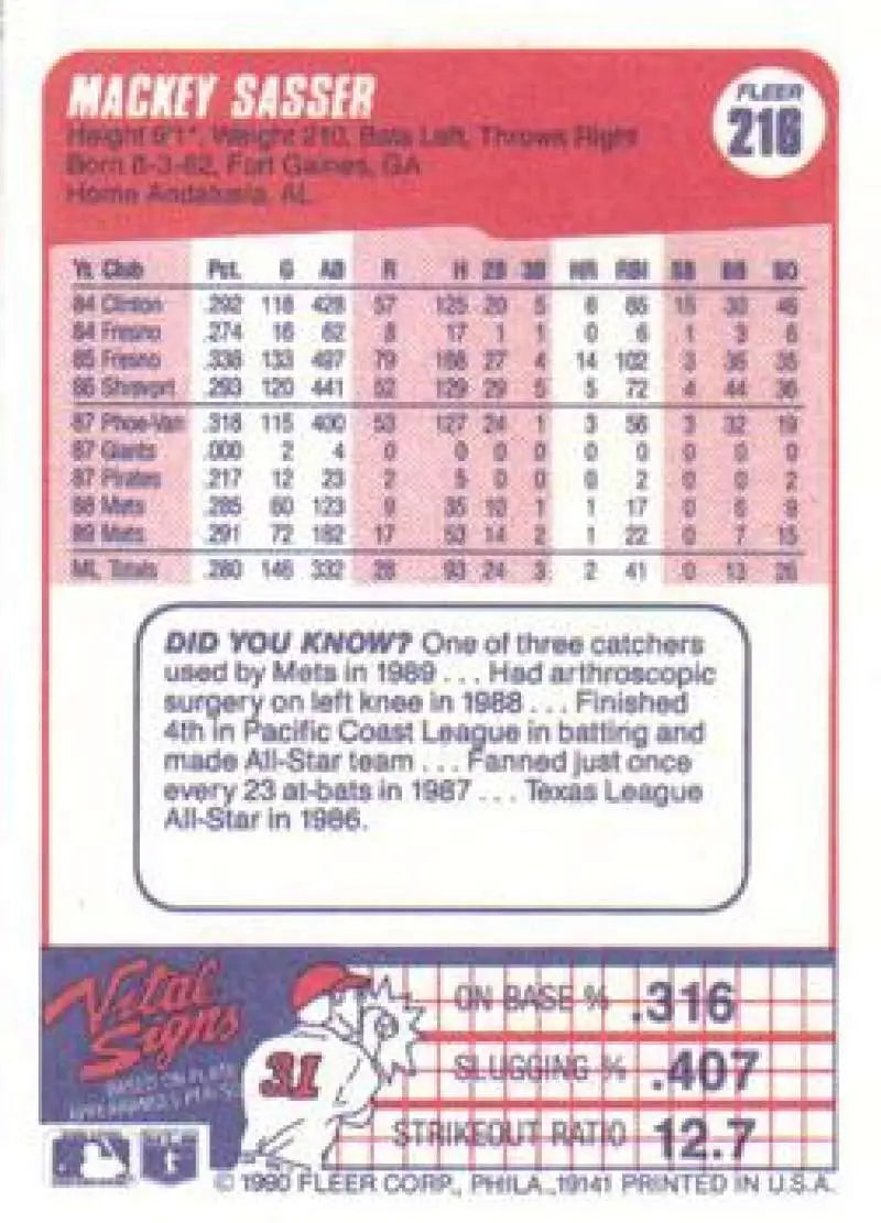 1990 Fleer #216 Mackey Sasser NM-MT New York Mets Baseball Card - Baseball Card Single