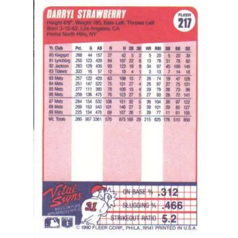 1990 Fleer #217 Darryl Strawberry NM-MT New York Mets Baseball Card - Baseball Card Single
