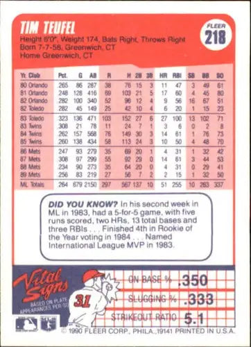 Original gloss Tim Teufel baseball card 1990 Fleer #218 NM-MT Mets