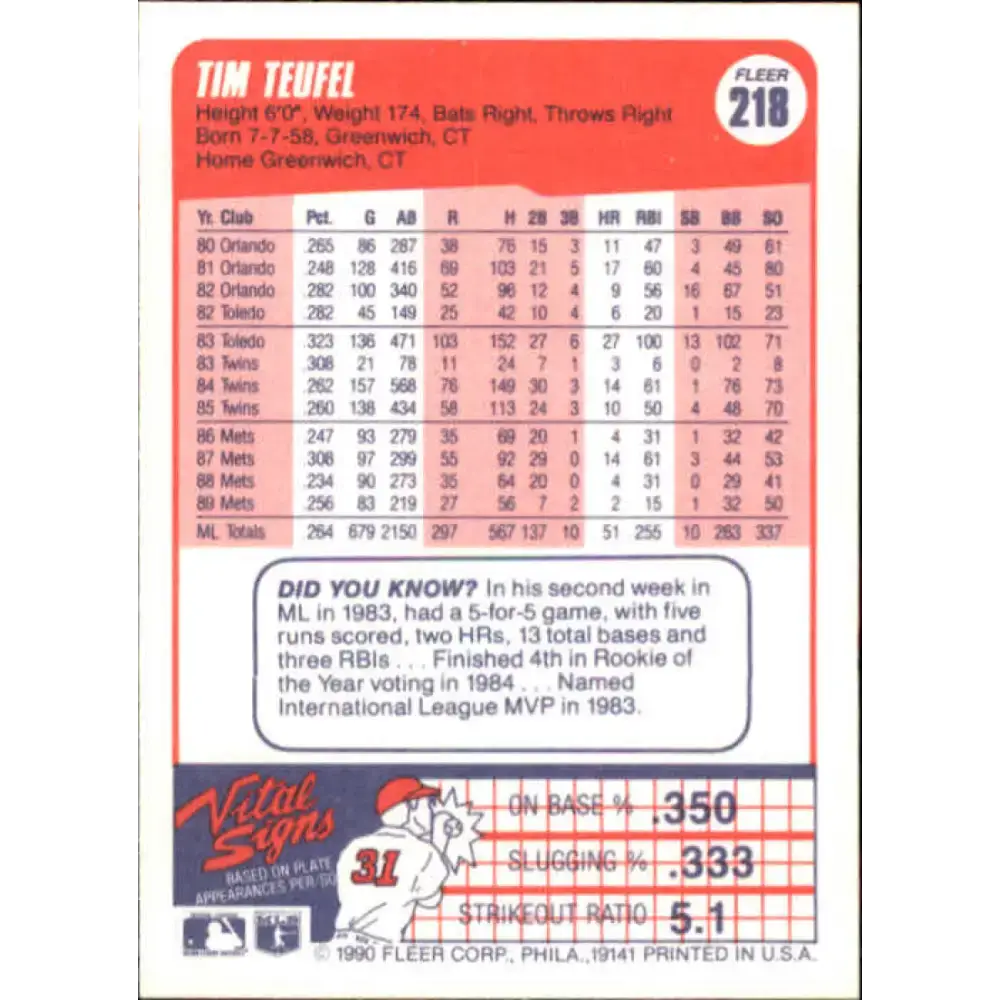 1990 Fleer #218 Tim Teufel NM-MT New York Mets Baseball Card - Baseball Card Single
