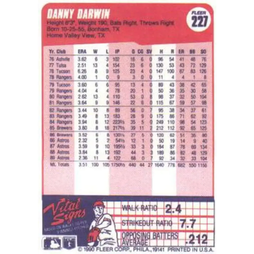 1990 Fleer #227 Danny Darwin NM-MT Houston Astros Baseball Card - Baseball Card Single