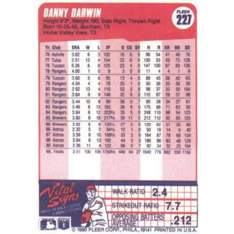 1990 Fleer #227 Danny Darwin NM-MT Houston Astros Baseball Card - Baseball Card Single