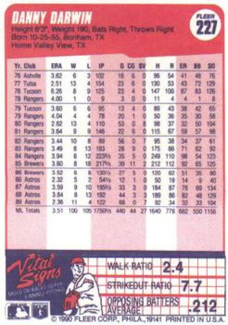 1990 Fleer #227 Danny Darwin NM-MT Houston Astros Baseball Card - Baseball Card Single