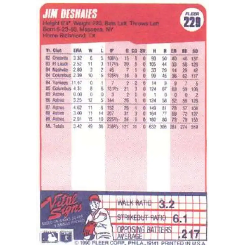 1990 Fleer #229 Jim Deshaies NM-MT Houston Astros Baseball Card - Baseball Card Single