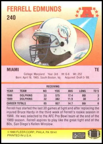 Vintage 1990 Fleer Ferrell Edmunds football card with original gloss and player stats
