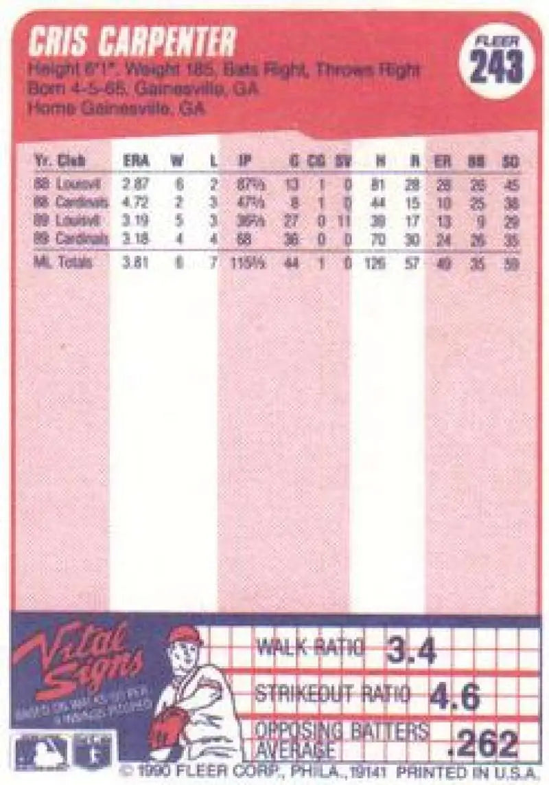 1990 Fleer #243 Cris Carpenter NM-MT St. Louis Cardinals Baseball Card - Baseball Card Single