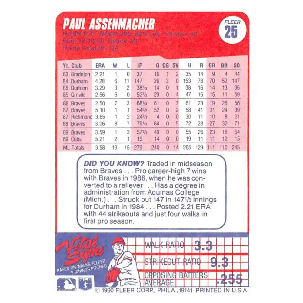 1990 Fleer #25 Paul Assenmacher NM-MT Chicago Cubs Baseball Card - Baseball Card Single