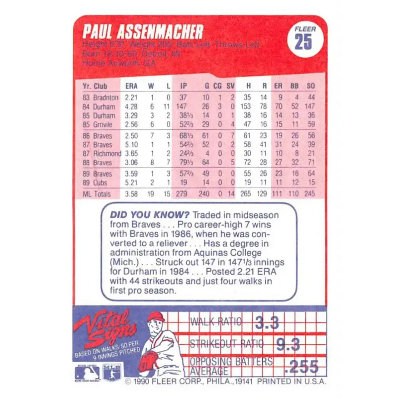 1990 Fleer #25 Paul Assenmacher NM-MT Chicago Cubs Baseball Card - Baseball Card Single